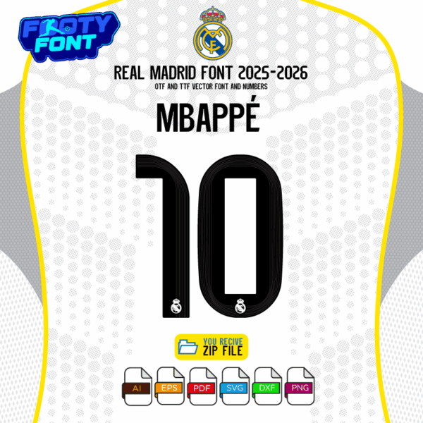 Real Madrid 2025/2026 home jersey font with a close-up on the name "MBAPPÉ" and number "10