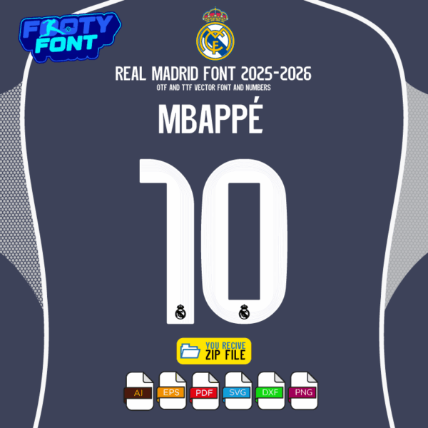 Real Madrid 2025/2026 away jersey font with a close-up on the name "MBAPPÉ" and number "10."