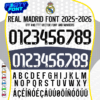 Official Real Madrid 2025/2026 kit font showing both the black and white numbers and the full alphabet.