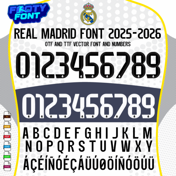 Official Real Madrid 2025/2026 kit font showing both the black and white numbers and the full alphabet.