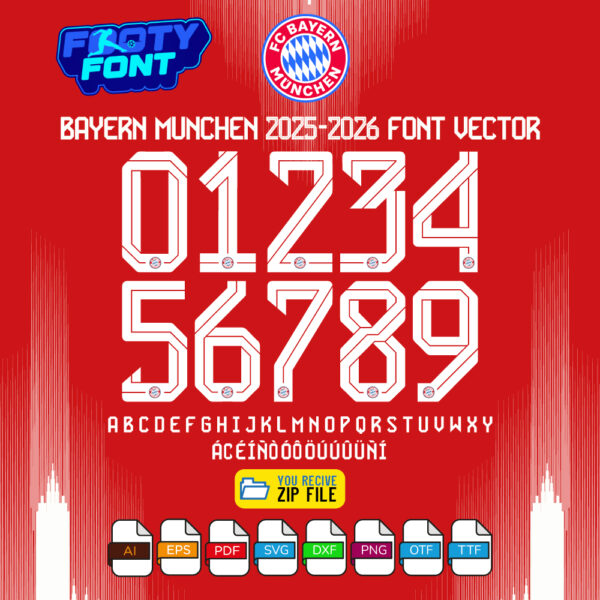Official Bayern Munich 2026 UCL home kit font showing the complete alphabet and numbers in white on a red background.