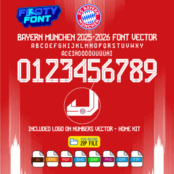Detailed view of the Bayern Munich 2026 font, with a close-up showing the official club logo inside the vector numbers.