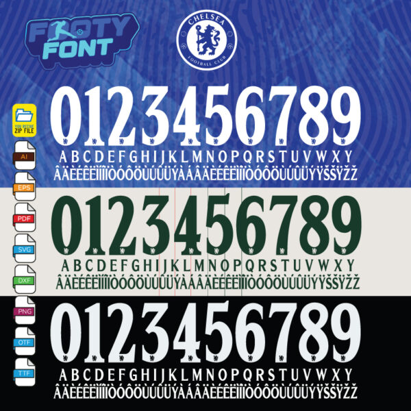 Official Chelsea 2025-2026 font kit showing the complete alphabet and numbers for the home (white), away (green), and third (black) jerseys.