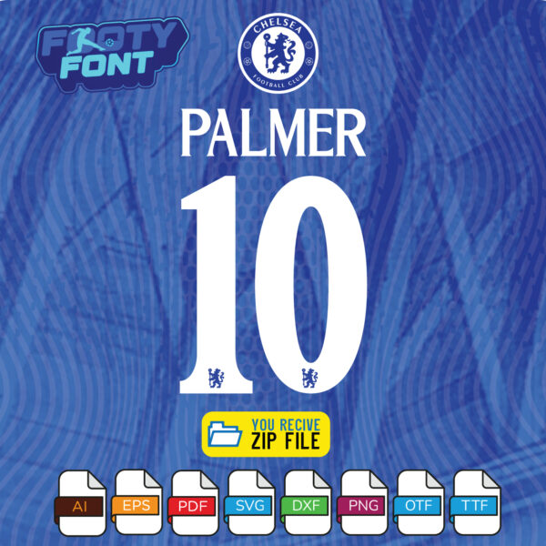 Chelsea 2025-2026 home jersey font with a mockup of the name 'PALMER' and number '10'.
