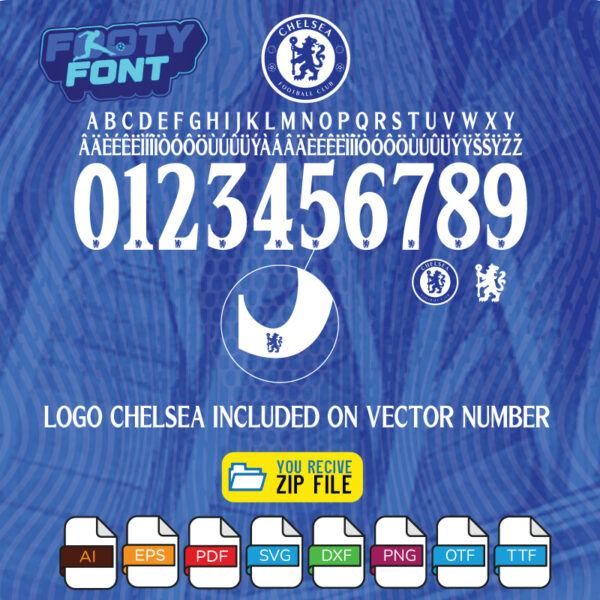 Detailed view of the Chelsea 2025-2026 white kit number showing the official lion logo embedded in the font.