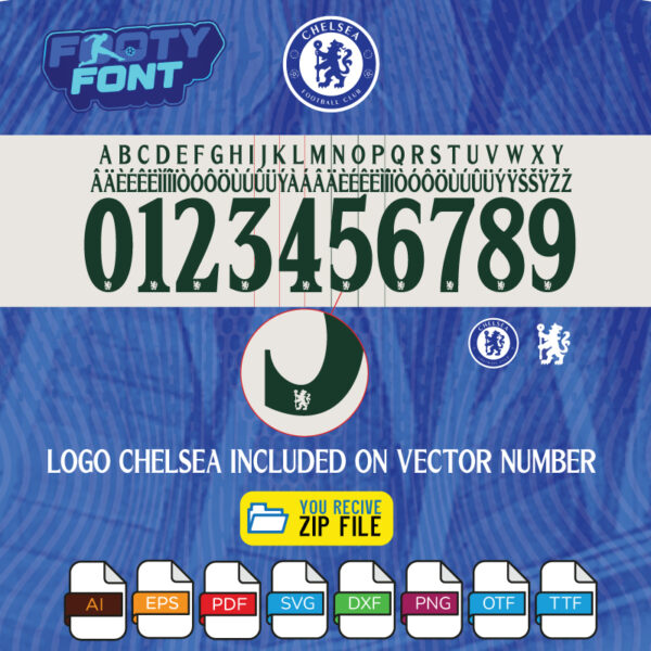Close-up of the Chelsea 2025-2026 green away kit number showing the official lion logo pattern.