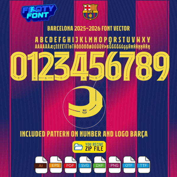 Detailed view of the FC Barcelona 2025-2026 font, with a close-up showing the official pattern and club logo inside the numbers.