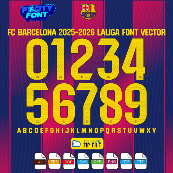 Official FC Barcelona 2025-2026 LaLiga font showing the complete alphabet and numbers for the home kit.