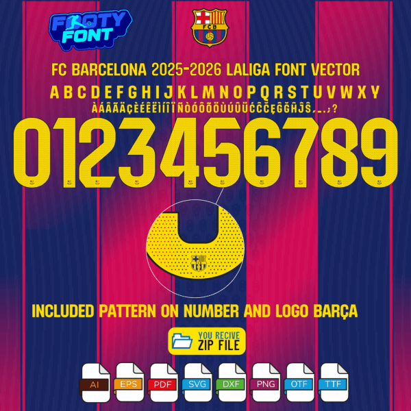 Detailed view of the FC Barcelona 2025-2026 LaLiga font, with a close-up showing the official pattern and club logo inside the vector numbers.
