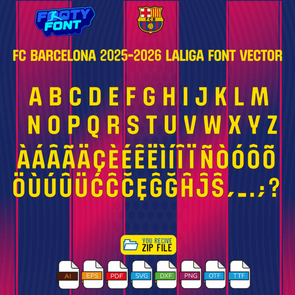 Full character set for the FC Barcelona 2025-2026 LaLiga font, including the complete alphabet, numbers, and special accented characters.