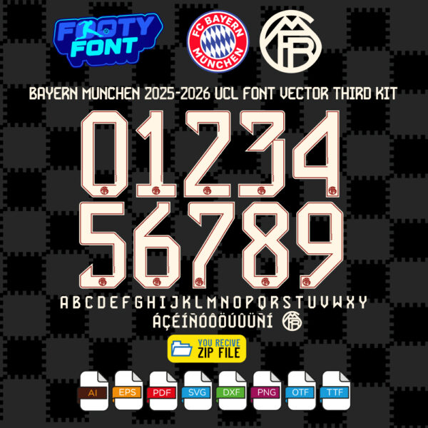 Official Bayern Munich 2026 UCL third kit font showing the complete alphabet and numbers, featuring a retro club crest.
