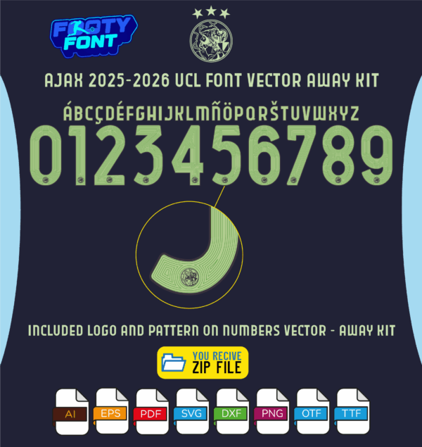 Detailed view of the Ajax 2025-2026 away kit font, with a close-up showing the official club logo and pattern inside the vector numbers.