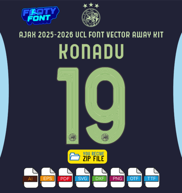 Ajax 2025-2026 UCL away jersey font with a mockup of the custom name 'KONADU' and number '19'.