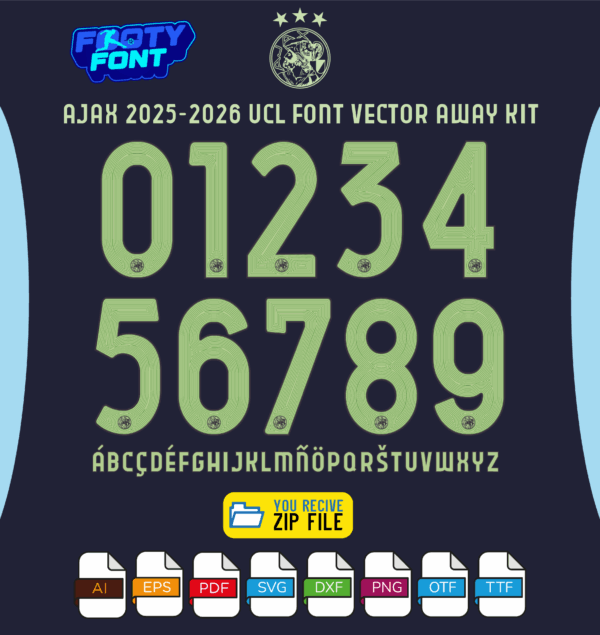 Official Ajax 2025-2026 UCL away kit font showing the complete alphabet and numbers in light green on a dark background.