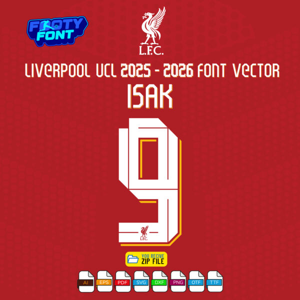 The name "ISAK" and the number "9" using the official Liverpool 2025/2026 kit font on a red background.