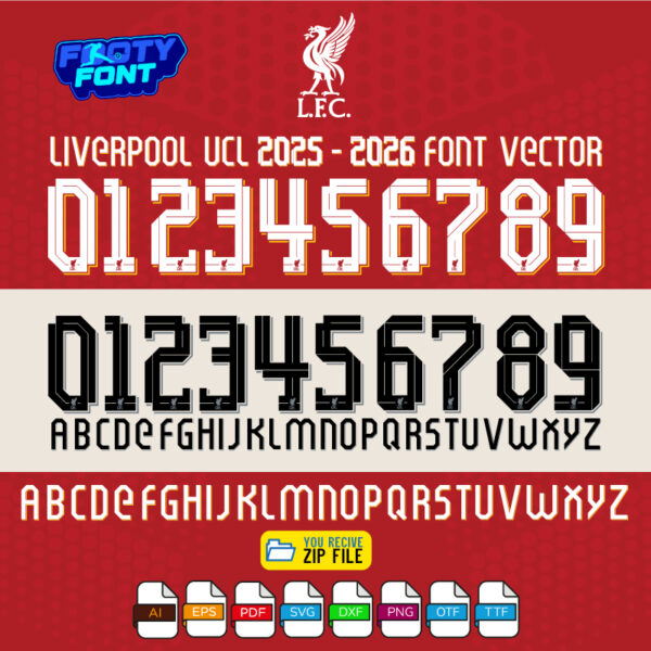 Official Liverpool 2025/2026 kit font showing the full alphabet and numbers for both home (white) and away (black) jerseys.