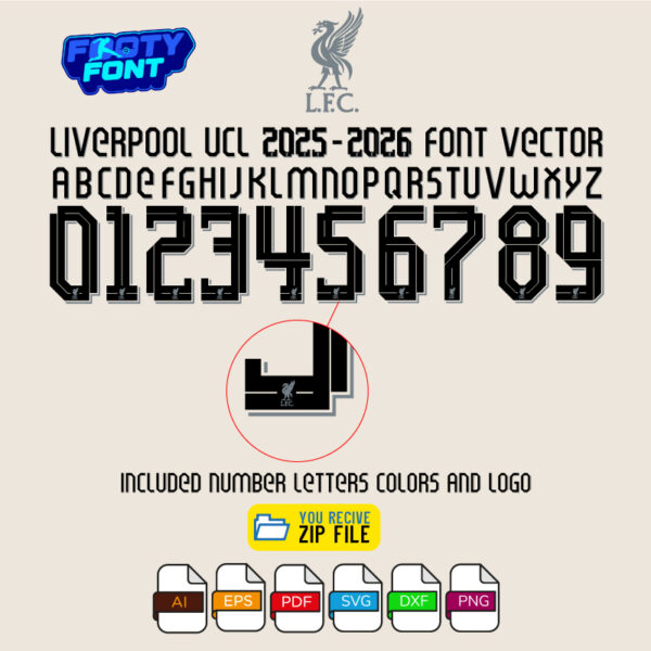 Official Liverpool 2025/2026 away font numbers and alphabet in black, showing the included L.F.C. logo and colors.