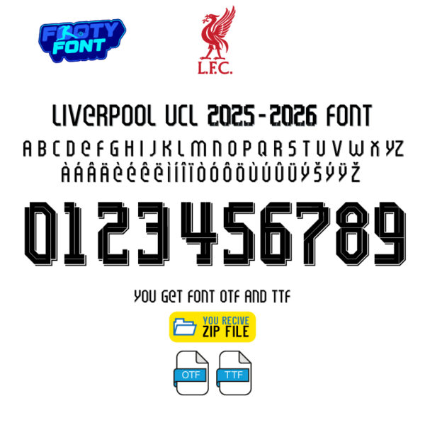 Official Liverpool 2025/2026 font showing the numbers and full alphabet in black, with OTF and TTF font files highlighted.