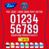 Official PSG 2025-2026 Ligue 1 third kit font showing the complete alphabet and numbers in white on a red background.
