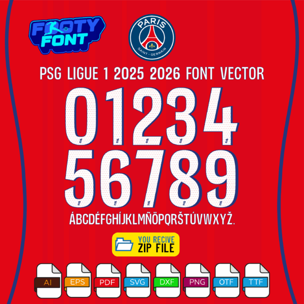 Official PSG 2025-2026 Ligue 1 third kit font showing the complete alphabet and numbers in white on a red background.