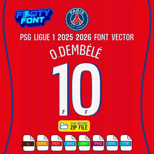 PSG 2025-2026 Ligue 1 third kit jersey font with a mockup of the name 'O.DEMBÉLÉ' and number '10'.