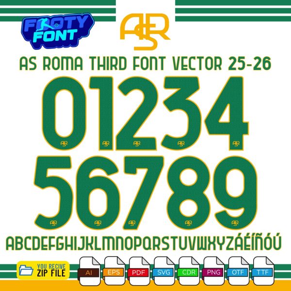 AS Roma 2025-2026 Serie A third kit font showing the complete alphabet and numbers in green and gold.