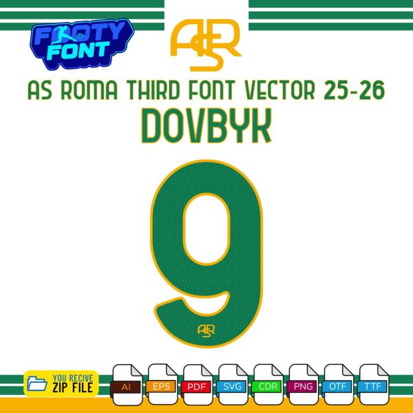 AS Roma 2025-2026 Serie A third kit jersey font with a mockup of the name 'DOVBYK' and number '9'.