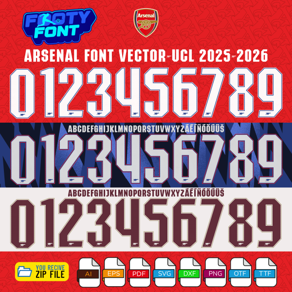 Fan-made Arsenal 2025-2026 font showing the styles for the UCL home, away, and third kits.