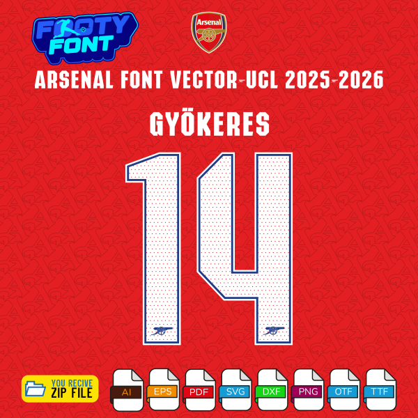 Arsenal 2025-2026 UCL home jersey font with a mockup of the name 'GYÖKERES' and number '14'.