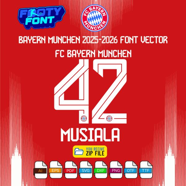 Bayern Munich Font UCL 2026 home jersey font with a mockup of the name 'MUSIALA' and number '42'.