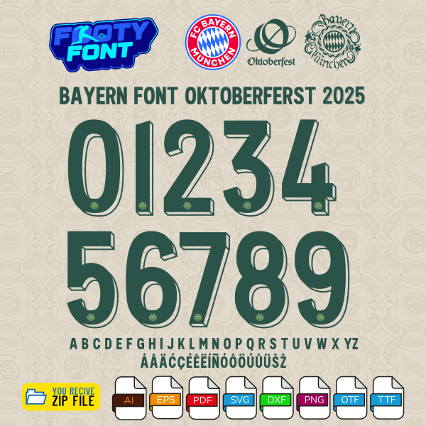The complete alphabet and numbers for the fan-made Bayern Munich Oktoberfest 2025 font.