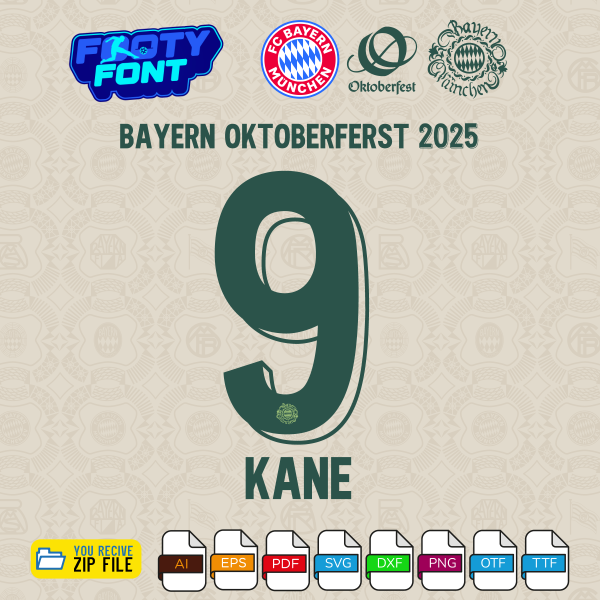 Bayern Munich Oktoberfest 2025 jersey font with a mockup of the name 'KANE' and number '9'.