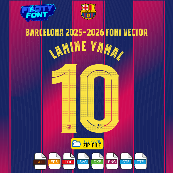 FC Barcelona 2025-2026 UCL home jersey font with a mockup of the name 'LAMINE YAMAL' and number '10'.