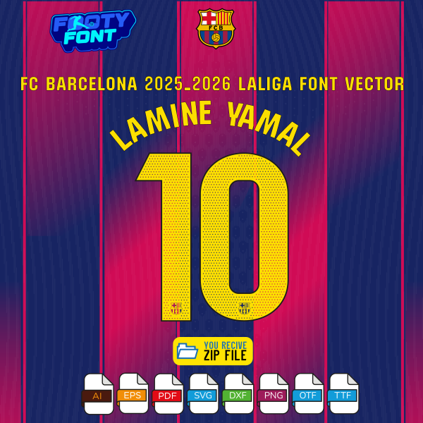 FC Barcelona 2025-2026 LaLiga home jersey font with a mockup of the name 'LAMINE YAMAL' and number '10'.