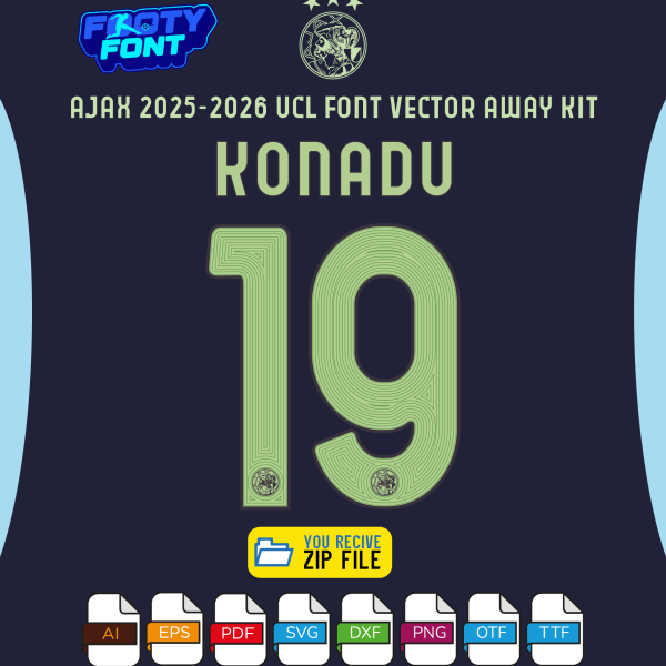 Ajax 2025-2026 UCL away jersey font with a mockup of the custom name 'KONADU' and number '19'.