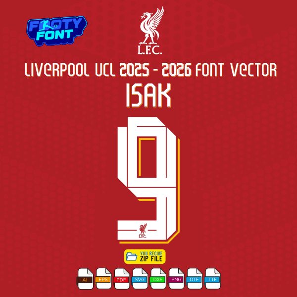 Liverpool 2025-2026 UCL home jersey font with a mockup of the custom name 'ISAK' and number '9'.