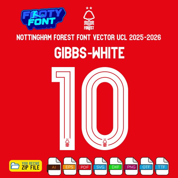 Nottingham Forest 2025-2026 UCL home jersey font with a mockup of the name 'GIBBS-WHITE' and number '10'.