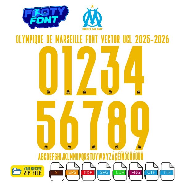 Olympique de Marseille 2025-2026 UCL font showing the complete alphabet and numbers in gold.