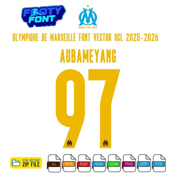 Olympique de Marseille 2025-2026 UCL jersey font with a mockup of the name 'AUBAMEYANG' and number '97'.