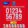 Fan-made PSG 2025-2026 Ligue 1 third kit font showing the complete alphabet and numbers in white on a red background.