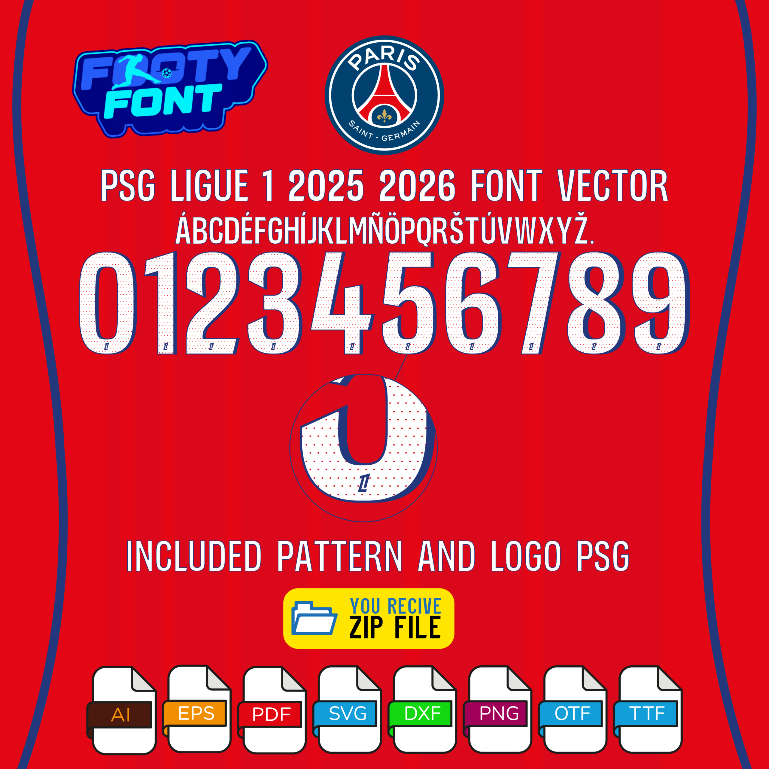 PSG Font Ligue 1 2025-2026 Third Kit 3 Detailed view of the fan-made PSG 2025-2026 third kit font, with a close-up showing the official-style pattern and logo inside the vector numbers.