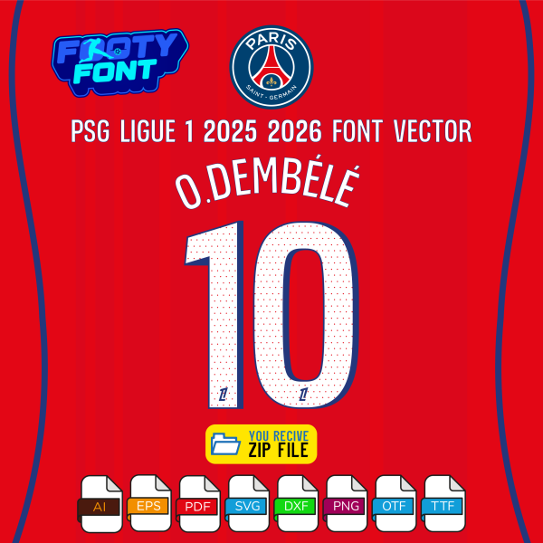 PSG 2025-2026 Ligue 1 third kit jersey font with a mockup of the name 'O.DEMBÉLÉ' and number '10'.