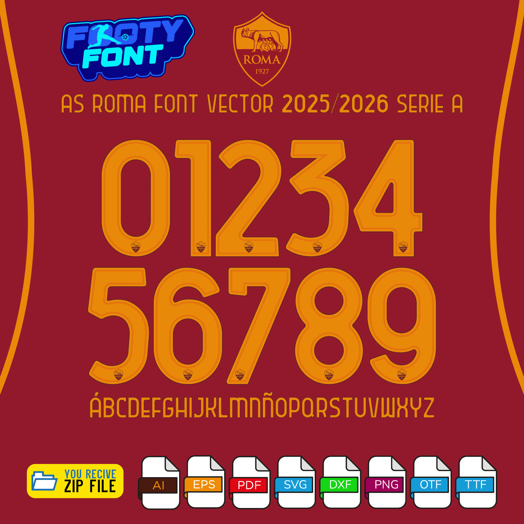 AS Roma 2025-2026 Serie A font showing the complete alphabet and numbers for the home kit.