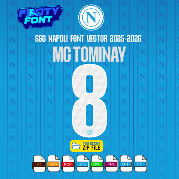 SSC Napoli 2025-2026 UCL home jersey font with a mockup of the custom name 'MC TOMINAY' and number '8'.