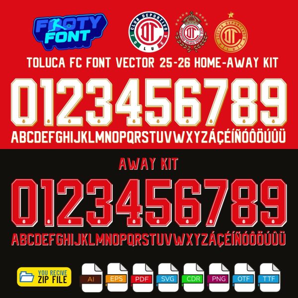 Toluca FC 2025-2026 font showing the styles for both the white home kit and the red away kit.