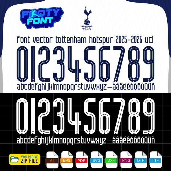 Fan-made tottenham Hotspur font UCL 2025-2026 font showing the styles for both the UCL home and away kits.