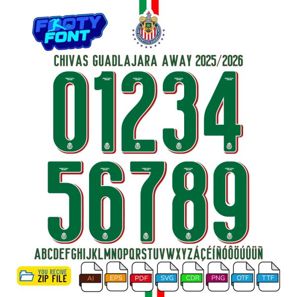 Chivas Guadalajara 2025-2026 away font showing the complete alphabet and numbers in green.