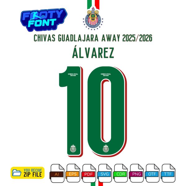Chivas Guadalajara 2025-2026 away jersey font with a mockup of the name 'ÁLVAREZ' and number '10'.