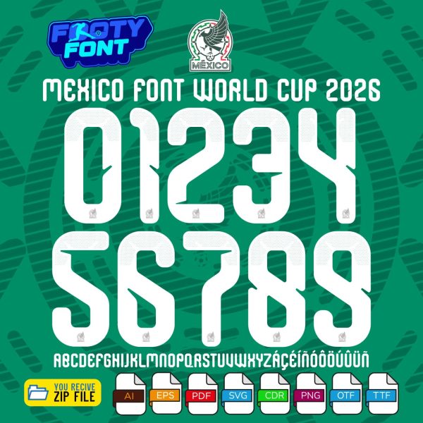 Mexico 2026 World Cup font showing the complete alphabet and numbers for the home kit.