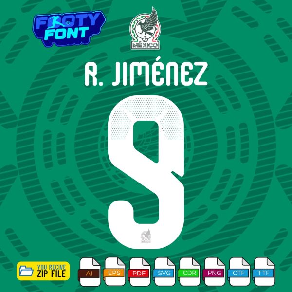 Mexico 2026 World Cup home jersey font with a mockup of the name 'R. JIMÉNEZ' and number '9'.